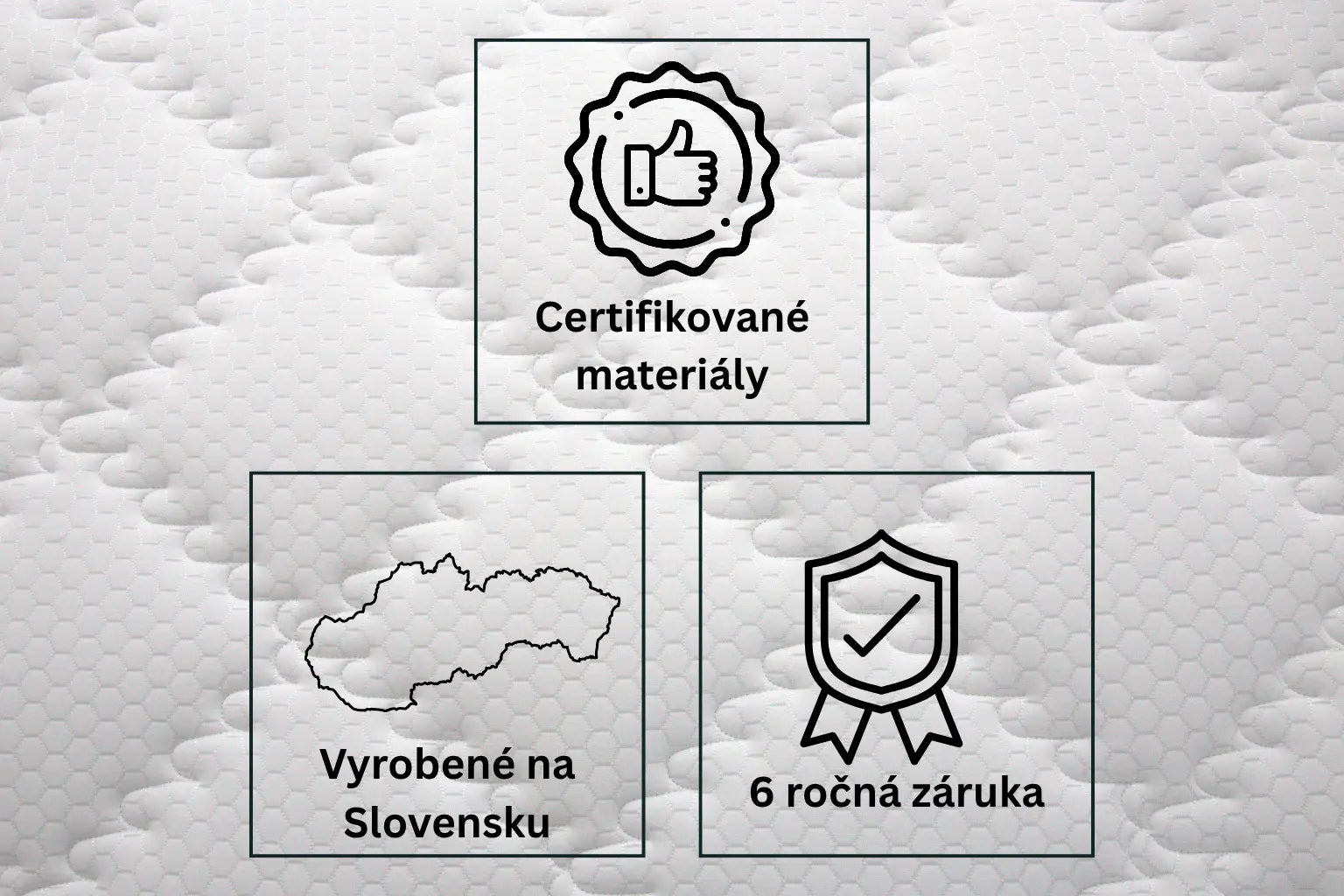 Grafické zvýraznenie záruk kvality pre 7 zónový matrac Azonelo Classic, ktoré zobrazuje slovenskú kvalitu a 5-ročnú záruku.