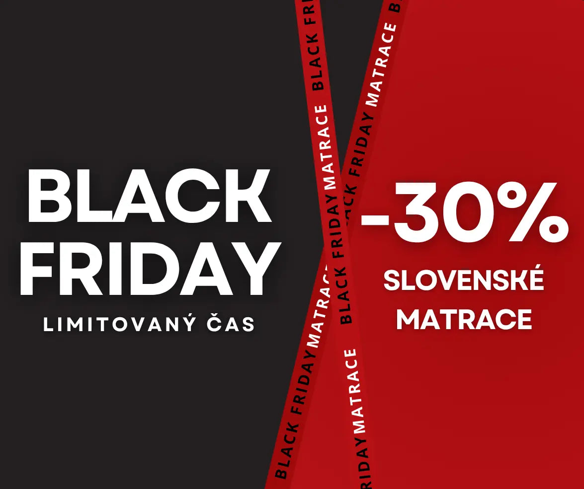 Matrace Black Friday 2025: Oficiálny banner s výpredajom matracov Black Friday. Banner v čierno-červených farbách upozorňuje na limitovaný čas akcie a zľavu -30% na slovenské matrace.