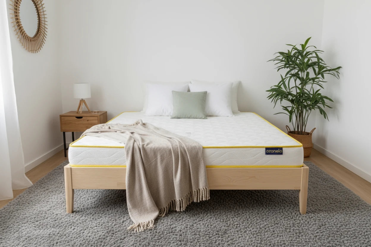 Moderne zariadená spálňa s drevenou posteľou, na ktorej je matrac Azonelo Original ustlaný s vankúšmi a béžovou prikrývkou.