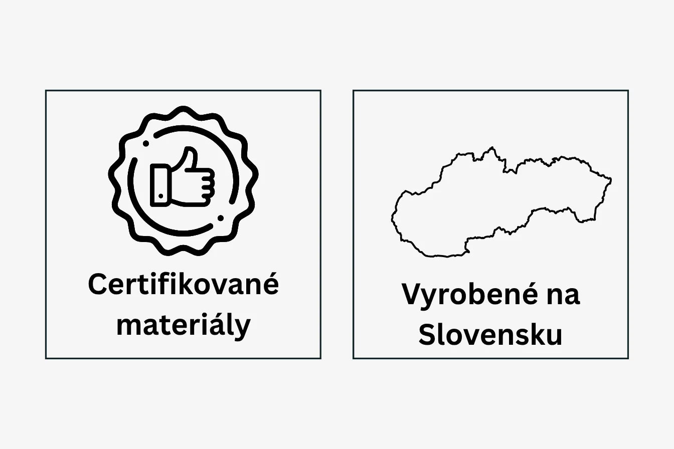 Grafika zobrazujúca ikonu pre "Certifikované materiály" a mapu Slovenska pre "Vyrobené na Slovensku"