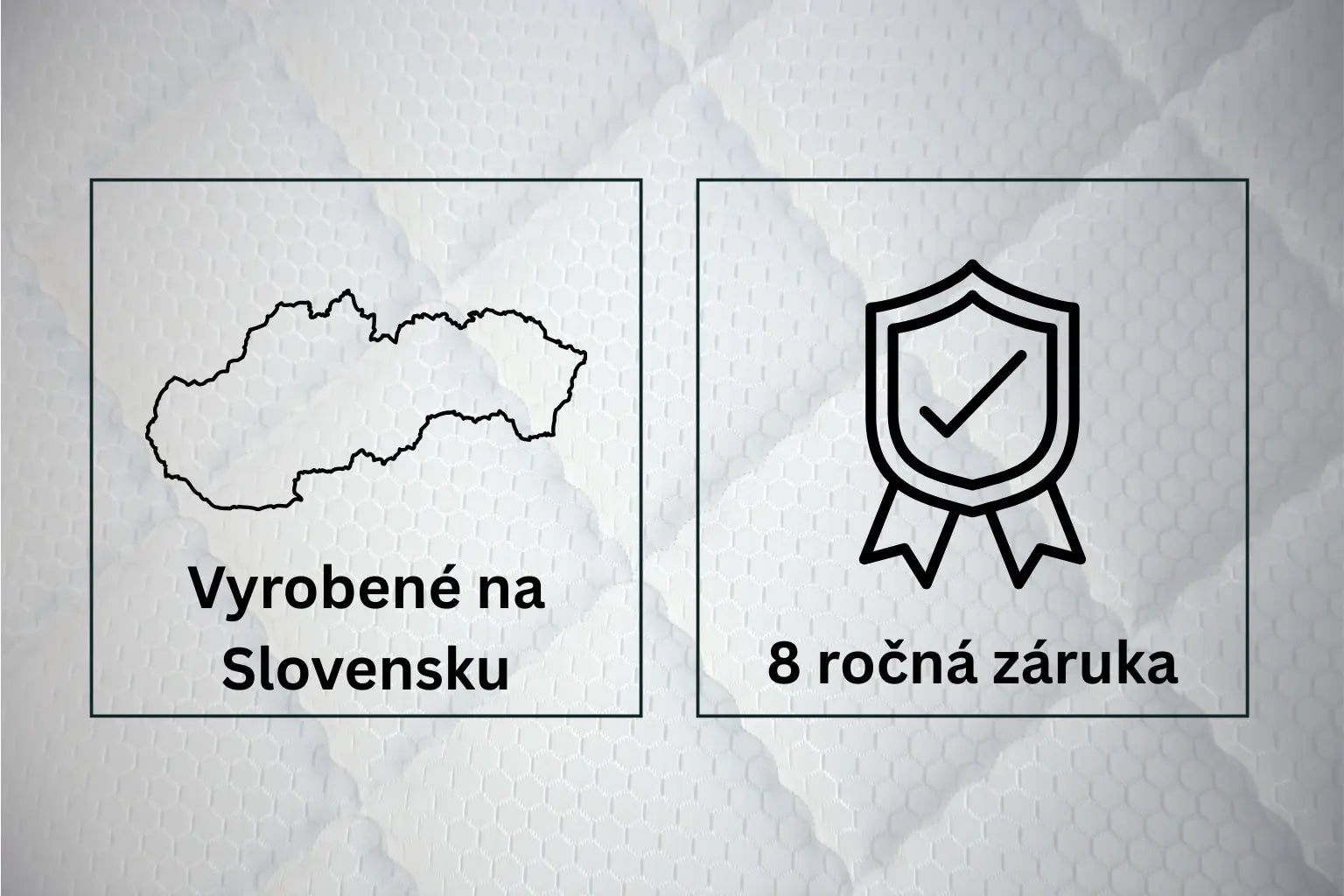 Infografika benefitov matraca Azonelo: ikona 'Vyrobené na Slovensku' a ikona '8 ročná záruka', ktorá sa vzťahuje na peny a jadro matraca.