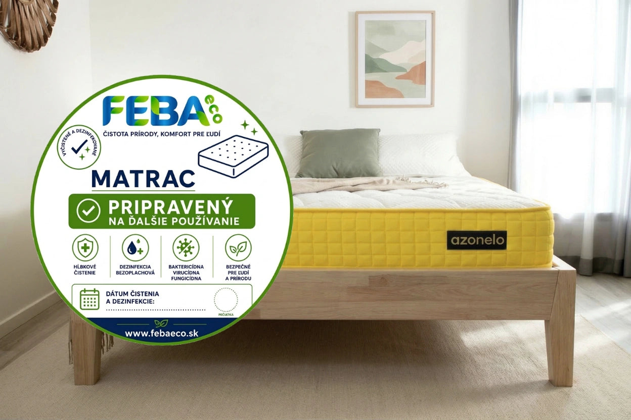 Matrac Azonelo Yellow na drevenej posteli v spálni, doplnený o veľký kruhový certifikát potvrdzujúci dezinfekciu a pripravenosť produktu z programu druhá šanca na ďalšie používanie.