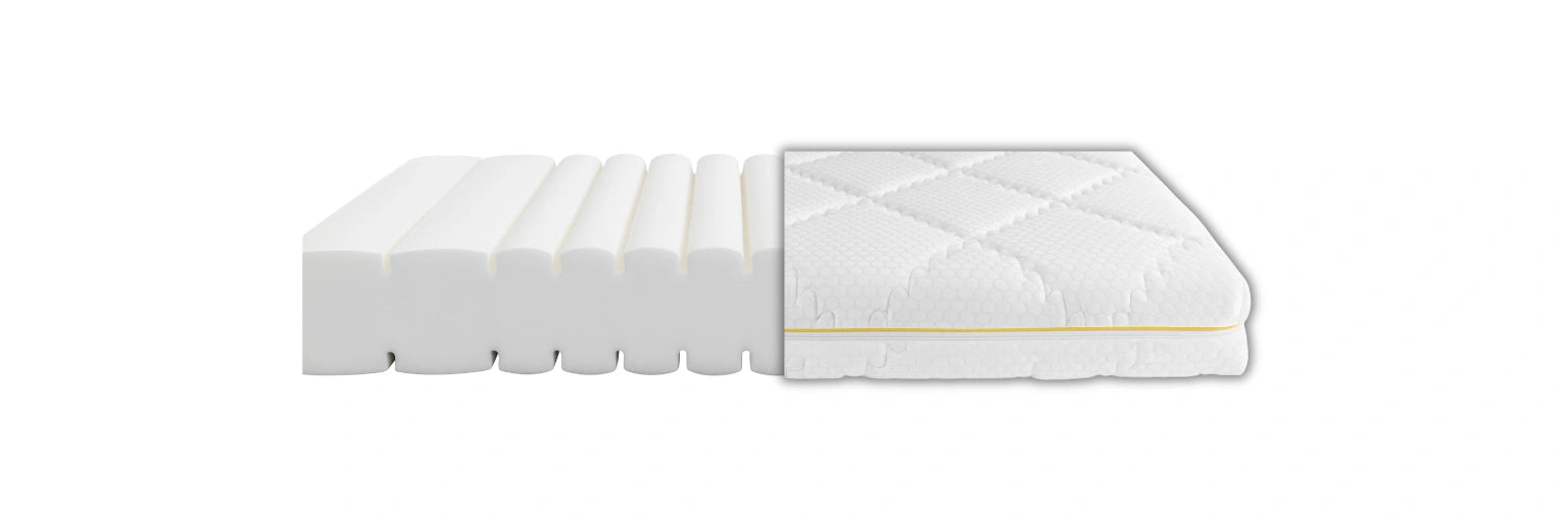 7 zónový matrac v priereze, ktorý ukazuje jadro a poťah. Naľavo je vidieť biele penové jadro s anatomickými zárezmi pre 7 zón a napravo prešívaný biely poťah matraca so žltým zipsom.