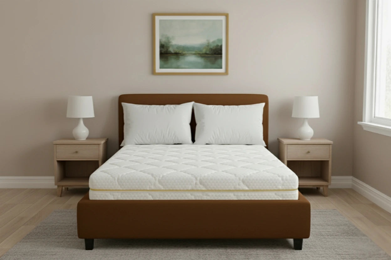 7 zónový matrac Azonelo Classic na peknej posteli v spálni. Detailne ukazuje biely prešívaný poťah so žltým zipsom, pripravený pre pohodlný spánok.