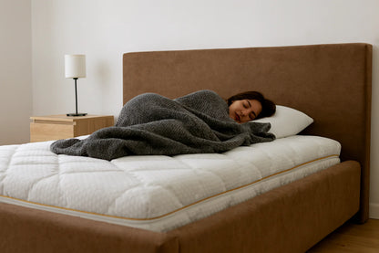 7 zónový matrac Azonelo Classic zabezpečujúci pohodlný a nerušený spánok. Spokojná žena spí na boku na matraci s bielym prešívaným poťahom.