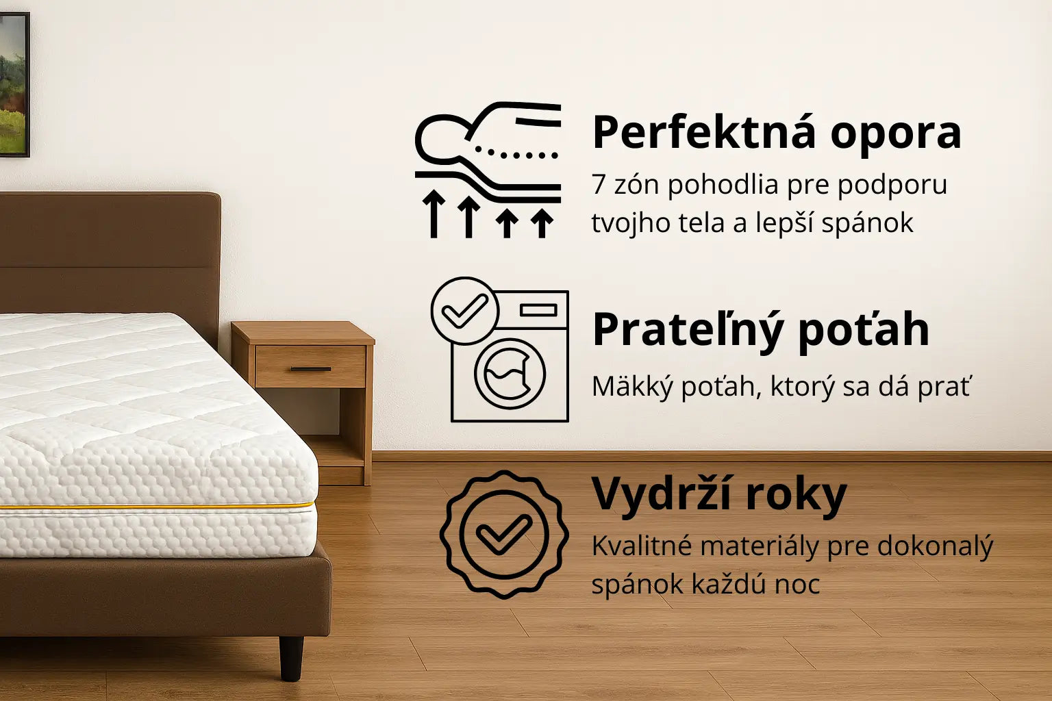 7 zónový matrac Azonelo Classic a jeho hlavné výhody. Grafika ukazuje tri kľúčové benefity: perfektná opora tela v 7 zónach, mäkký prateľný poťah a dlhá životnosť.