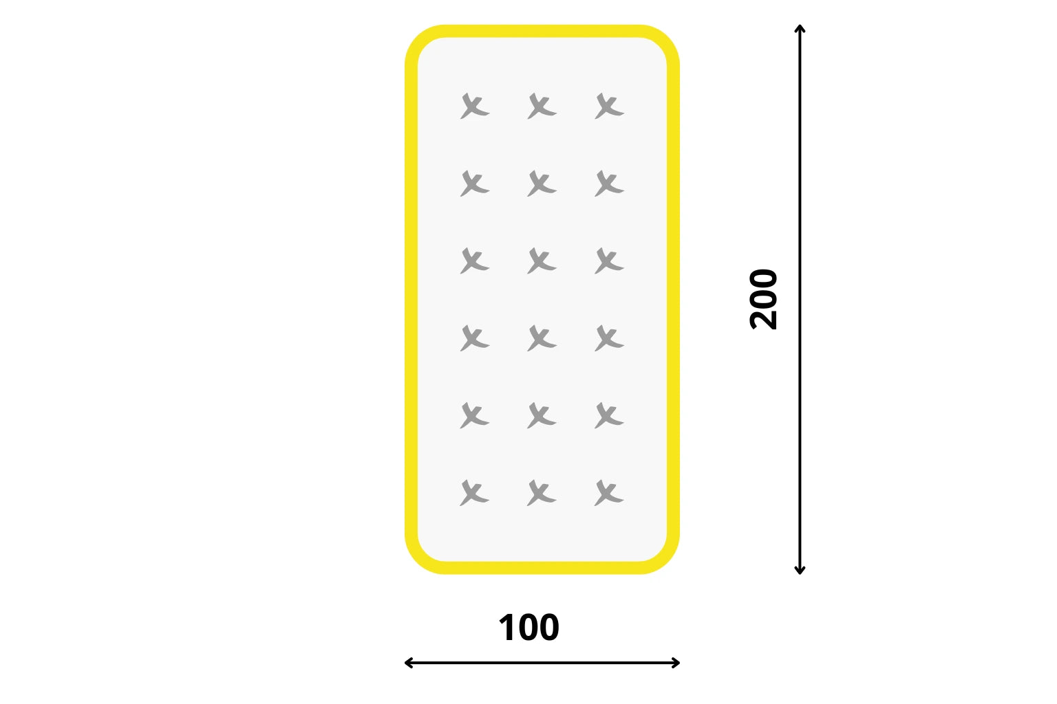 Matrac 100x200 s presne vyznačenými rozmermi. Grafika zdôrazňuje ideálnu šírku 100 cm pre jednolôžko, ktorá zaručuje dostatočný komfort a priestor pre jednu osobu.
