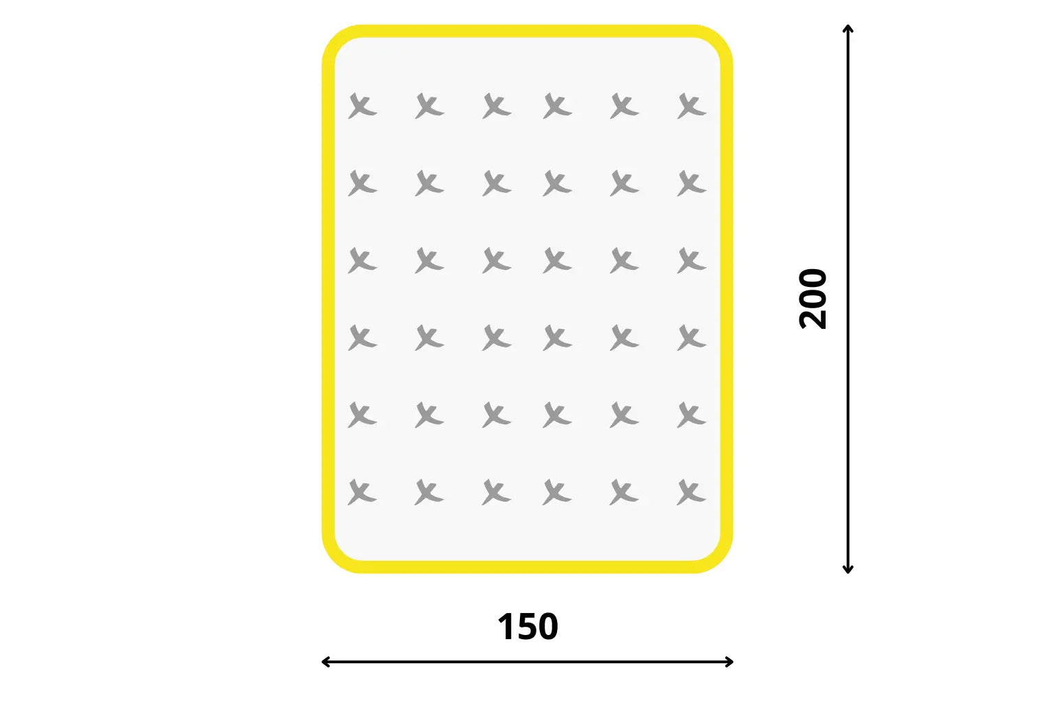 Technický nákres rozmerov pre matrac 150x200 cm s vyznačenou šírkou 150 a dĺžkou 200 od Azonelo.