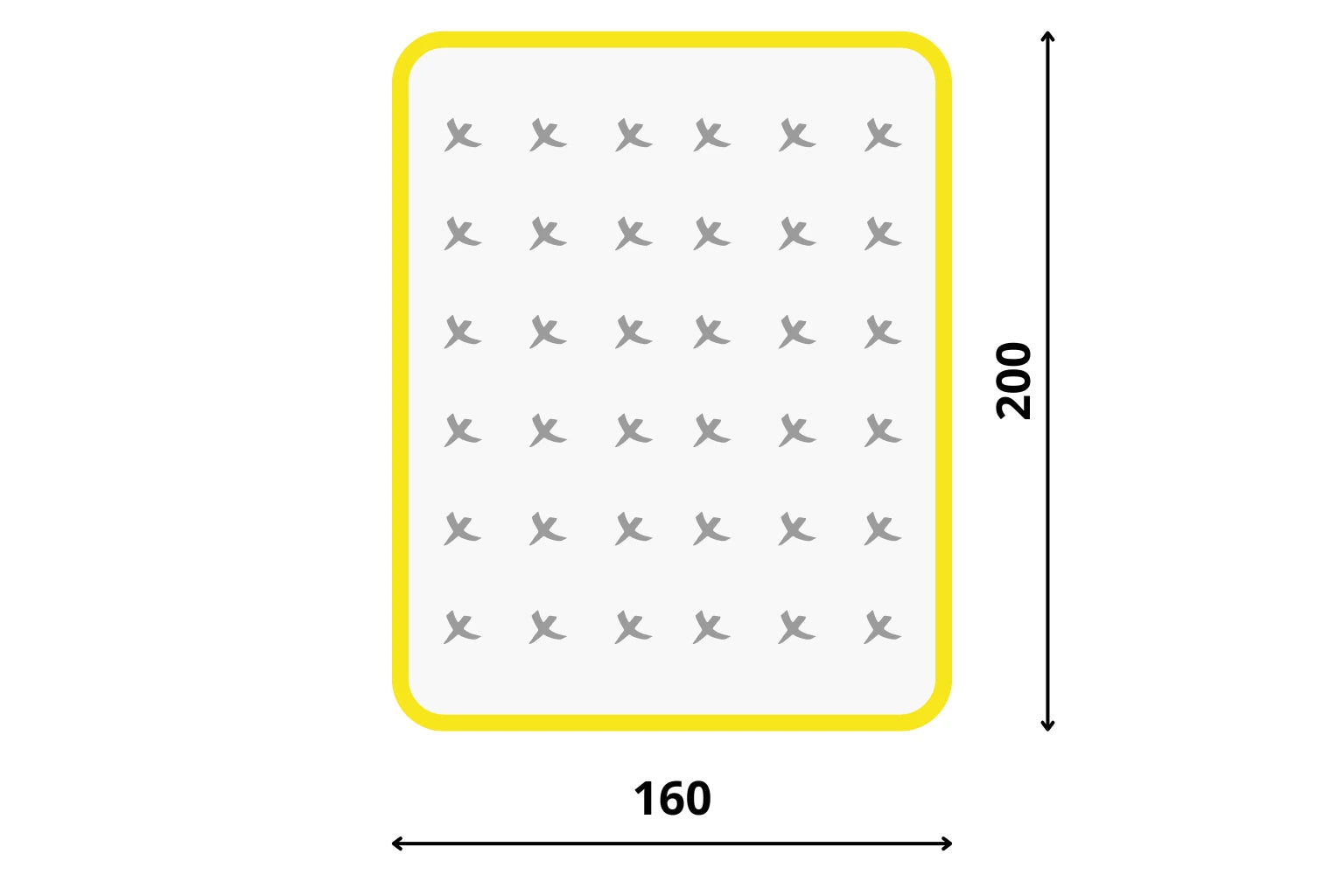 Matrac 160x200 cm s vyznačenými rozmermi. Grafika znázorňuje ideálnu šírku 160 cm, ktorá je najlepším riešením pre manželské postele a komfort spánku vo dvojici.
