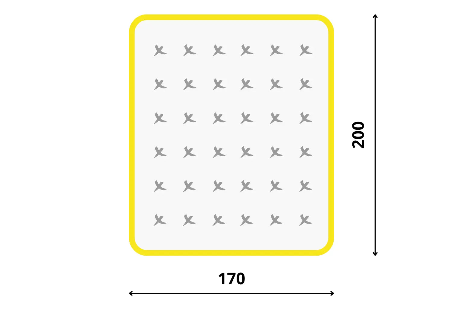 Grafický kótovaný nákres pre matrac 170x200 cm so žltým lemom a prešívaným vzorom, zobrazujúci presné rozmery.