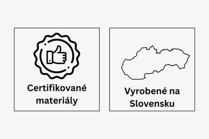 Grafika zobrazujúca ikonu pre "Certifikované materiály" a mapu Slovenska pre "Vyrobené na Slovensku"