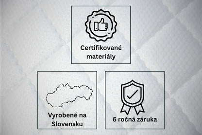 Infografika benefitov pre matrac s pamäťovou penou Azonelo Yellow, ktorá zobrazuje ikony pre certifikované materiály, slovenskú výrobu a 6-ročnú záruku.