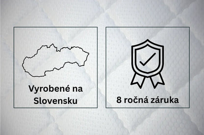 Infografika benefitov matraca Azonelo: ikona 'Vyrobené na Slovensku' a ikona '8 ročná záruka', ktorá sa vzťahuje na peny a jadro matraca.