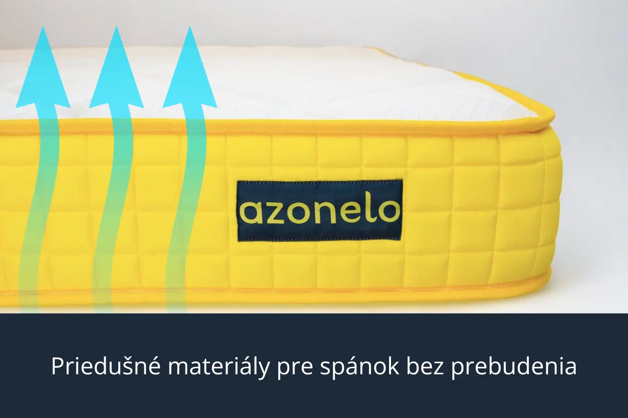 Ilustrácia priedušnosti matraca s pamäťovou penou azonelo, kde modré šípky znázorňujú prúdenie vzduchu pre spánok bez prebudenia.