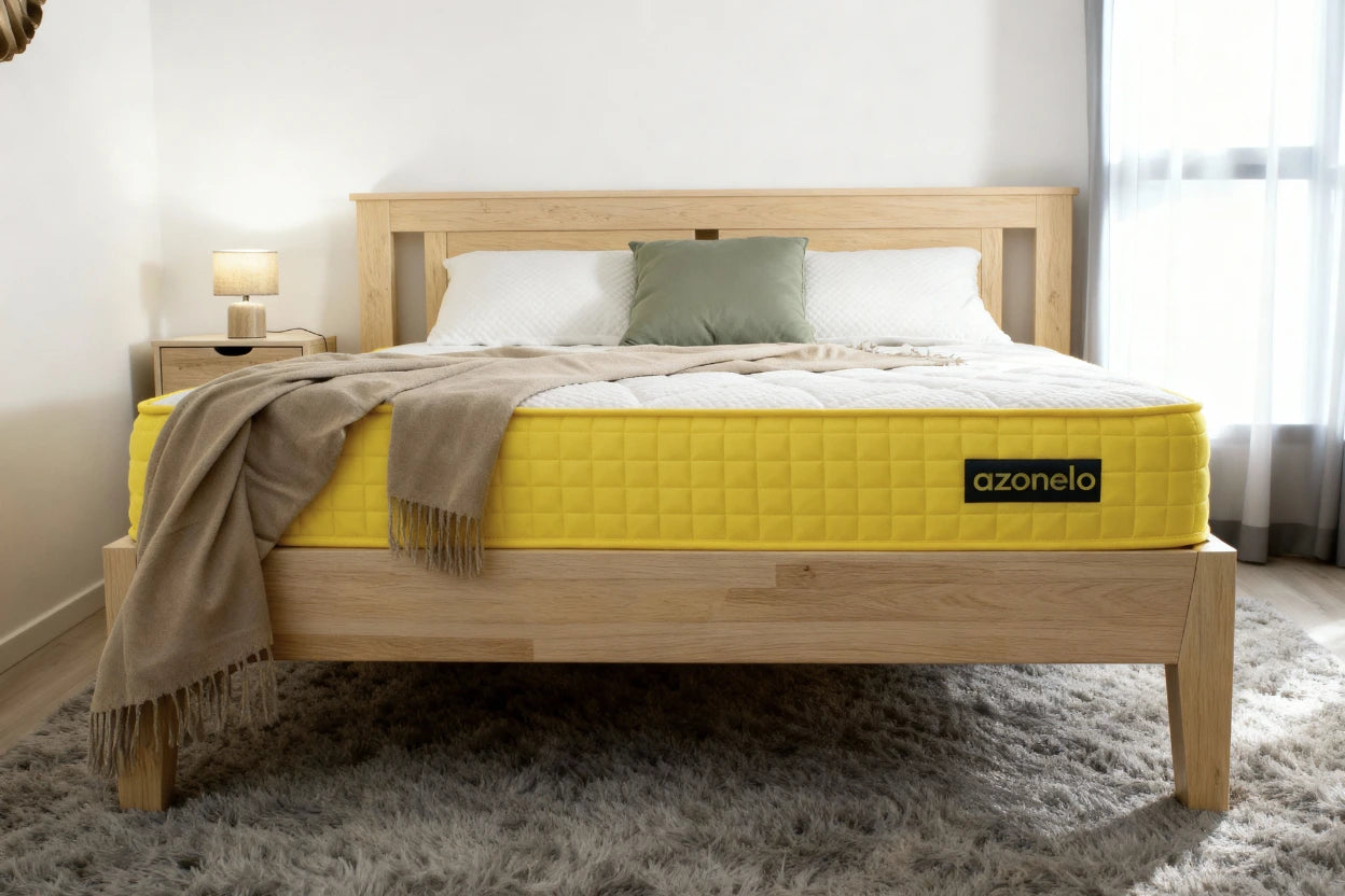 Stredne tvrdý matrac s pamäťovou penou Azonelo Yellow na bielej posteli v modernej spálni. Kvalitný ortopedický matrac.