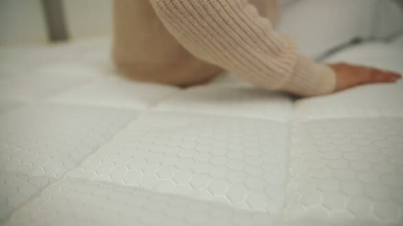 Načítať video: Detailný záber na antialergický poťah ortopedického matraca Azonelo Yellow, ktorý sa vďaka 2 cm pamäťovej peny dokonale prispôsobuje tlaku ruky.